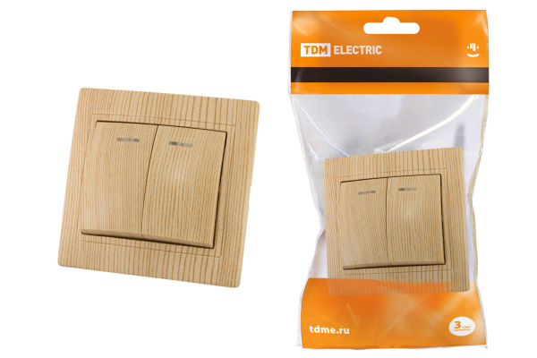 TDM Выключатель 2 кл. с подсветкой 10А "ЭКО" (сосна) "Таймыр" SQ1814-0205