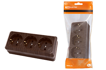 TDM Розетка 3-х местная горизонтальная 2П+3 открытой установки IP20 16A бук "Ладога" SQ1801-0326