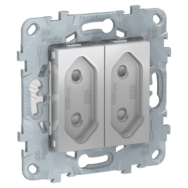 Купить SE Unica New Алюминий Розетка б/з 2-модульная, со шторками, винт. зажим, 10А NU503130