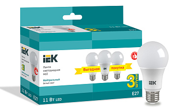 IEK Лампа LED A60 шар 11Вт 230В 4000К E27 (3шт/упак)