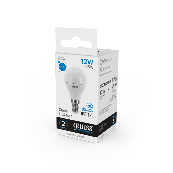 Купить Gauss Лампа Elementary Шар 12W 950lm 6500K Е14 LED 53132