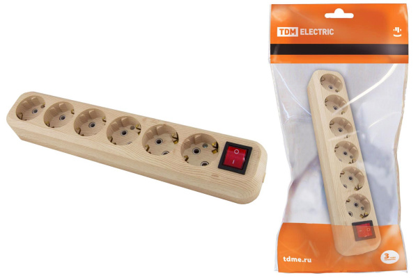 TDM Колодка розеточная 6 гнезд 2П+3 с выключателем16А 250В "Эко" (сосна) SQ1806-0058