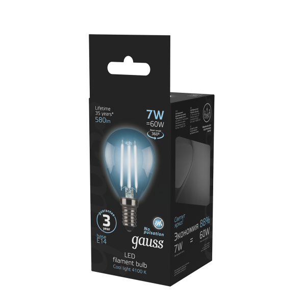 Купить Gauss Лампа Filament Шар 7W 580lm 4100К Е14 LED 105801207