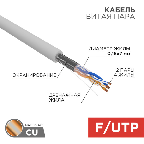 Кабель FTP 2PR 24AWG CAT5e 305м STRANDED Rexant 01-0125