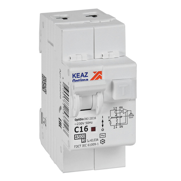КЭАЗ Автоматический выключатель дифференциального тока АВДТ с защитой от сверхтоков OptiDin D63-22C16-AC-У3 (2P, C16, 30mA, 4,5кА) 328098