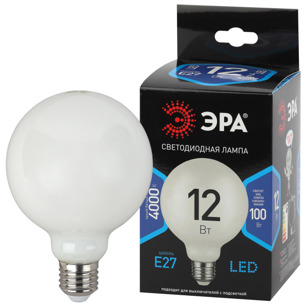 ЭРА F-LED G95-12w-840-E27 OPAL (филамент, шар опал, 12Вт, нетр, E27) Б0047037