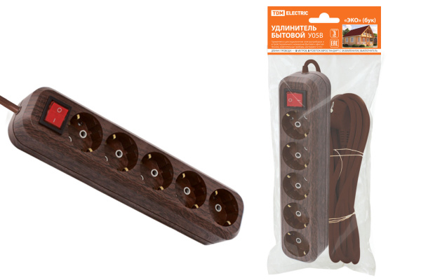 TDM Удлинитель бытовой  У05В выключатель, 5 гнезд, 5метров,2П+3, ПВС 3х1мм2 "Эко" (бук) 16А/250В SQ1303-3122