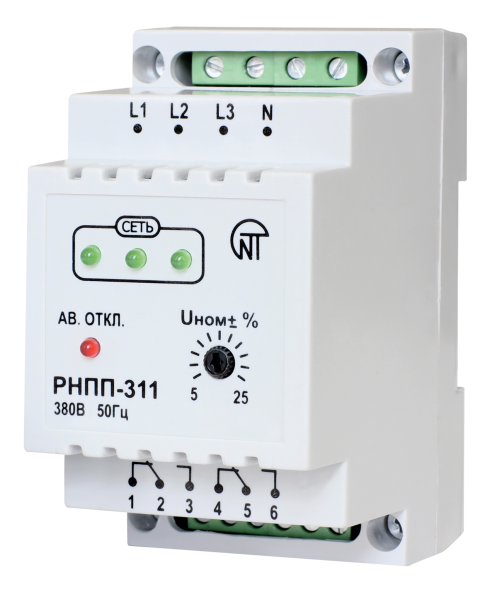 Новатек-Электро Трехфазное реле напряжения РНПП-311-0, 380 В, реле последовательности, перекоса, обрыва фаз, настройка порогов напряжения АПВ - 0 сек.
