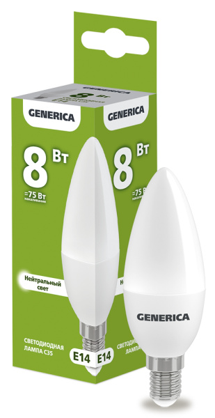IEK GENERICA Лампа LED C35 свеча 8Вт 230В 4000К E14 LL-C35-08-230-40-E14-G