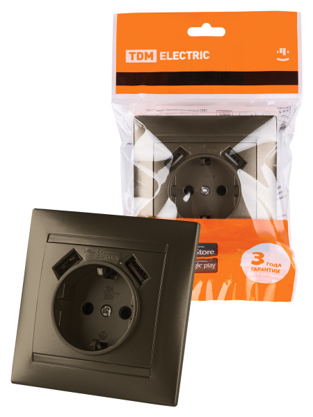 TDM Розетка 2П+З 16А 250В + 2 USB порта 2,1А 5В бронза "Лама" SQ1815-0742