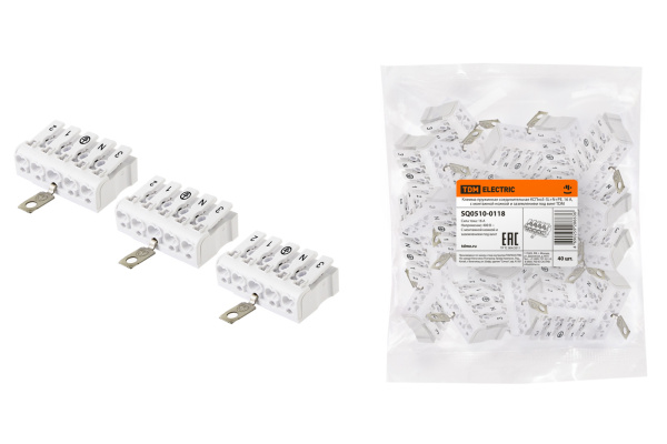 TDM Клемма пружинная соединительная КСПнз5-3L+N+PE, 16 A, с монтажной ножкой и заземлением под винт SQ0510-0118