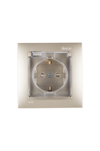 Купить Simon 15 Шампань Розетка с/з, со шторками, с крышкой, IP44, 16А, 250В, винт.зажим 1590450-034