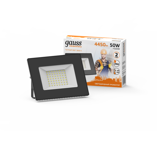 Купить Gauss Прожектор Elementary 50W 4450lm 3000К 200-240V IP65 черный LED 613527150