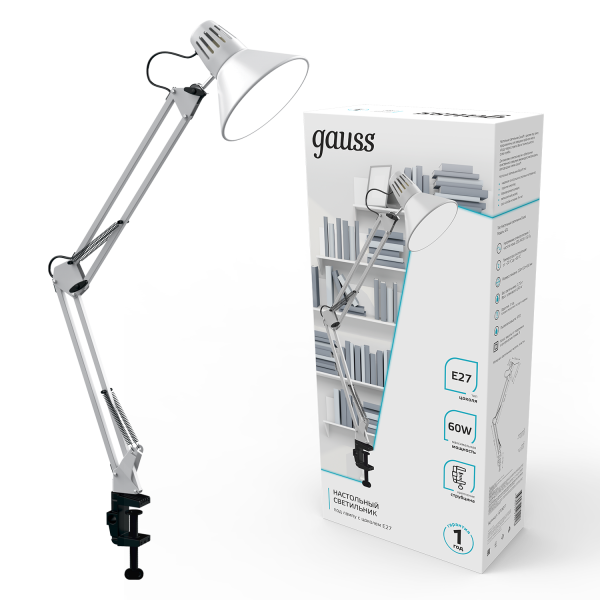 Купить Gauss Светильник настольный модель GTL001 60W 220-240V E27 белый струбцина 1/16 GT0011