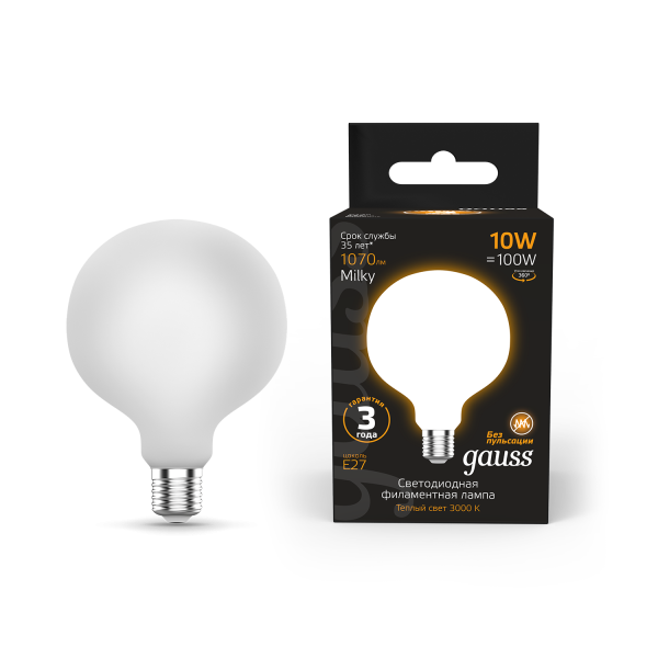 Gauss Лампа Filament G125 10W 1070lm 3000К Е27 milky LED 187202110 Купить Gauss Лампа Filament G125 10W 1070lm 3000К Е27 milky LED 187202110