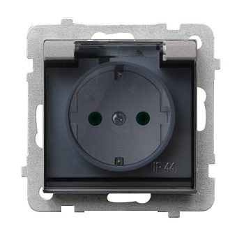 Ospel Sonata Серебро матовое Розетка 1-ая с/з IP44 с крышкой  Schuko со шторками, без рамки GPH-1RSP/m/38/d