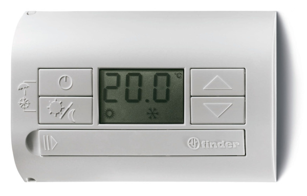 Finder Комнатный термостат; питание 3В DС; 1СО 5А; монтаж на стену; кнопки ВКЛ/ВЫКЛ, ЛЕТО/ЗИМА; дисплей; цвет черный 1T3190032000