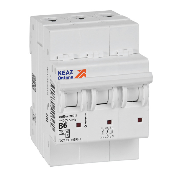КЭАЗ OptiDin BM63 Автоматический выключатель 3P 6А B 4,5кА AC (BM63-3B6-4,5-УХЛ3) 329517