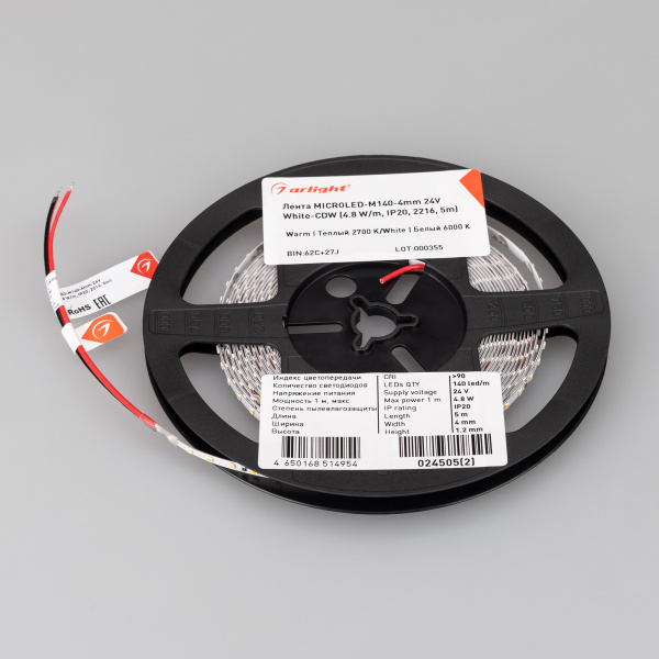 Купить Arlight Светодиодная лента MICROLED-M140-4mm 24V White-CDW (4.8 W/m, IP20, 2216, 5m) (узкая) 024505(2)