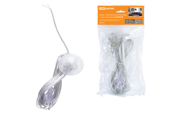 TDM Шнур с ножным выключателем и плоской вилкой ШУН01В ШВВП 2х0,75мм2 3,5м. прозрачный SQ1305-0064