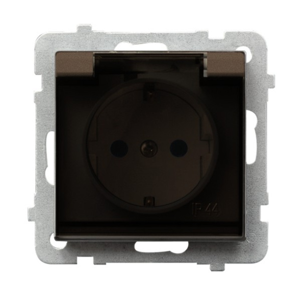 Ospel Sonata Шоколадный металлик Розетка 1-ая с/з IP44 с крышкой  Schuko, без рамки GPH-1RS/m/40/d