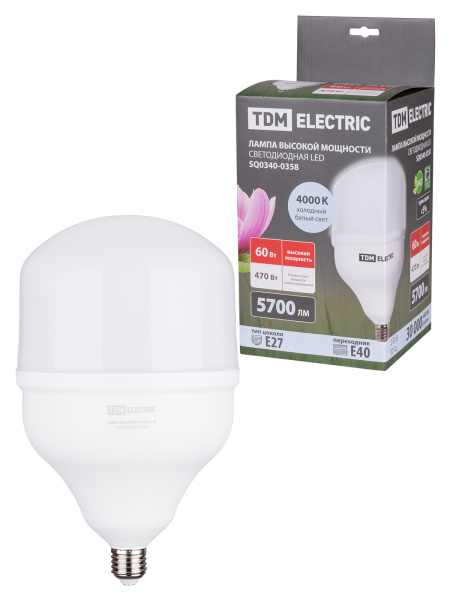TDM Лампа светодиодная T 60 Вт, 230 В, 4000 К, E27 (160x268 мм) SQ0340-0358