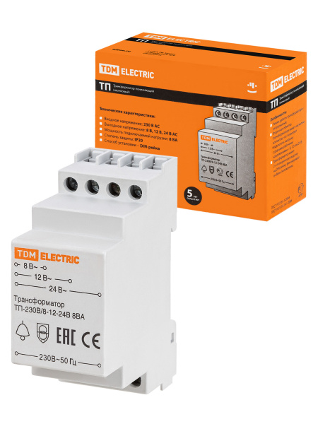 TDM Трансформатор понижающий ТП-230В/8-12-24В 8ВА DIN-рейка SQ0225-0001