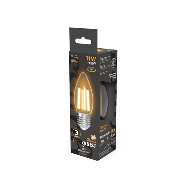 Купить Gauss Лампа Filament Свеча 11W 810lm 2700К Е27 LED 1/10/50 103802111