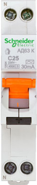 Купить SE Домовой АД63 Дифференциальный автоматический выключатель К 25А С 30мА 1П+Н 4500А АС 1 мод. 12524