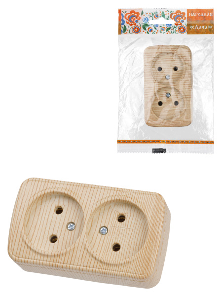 TDM Розетка двойная 2П открытой установки IP20 10А, сосна "Дача" Народная SQ1824-0039