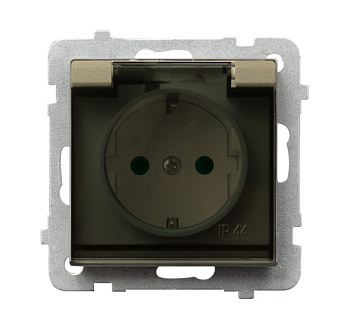 Ospel Sonata Шампанский золотой Розетка 1-ая с/з IP44 с крышкой  Schuko со шторками, без рамки GPH-1RSP/m/39/d