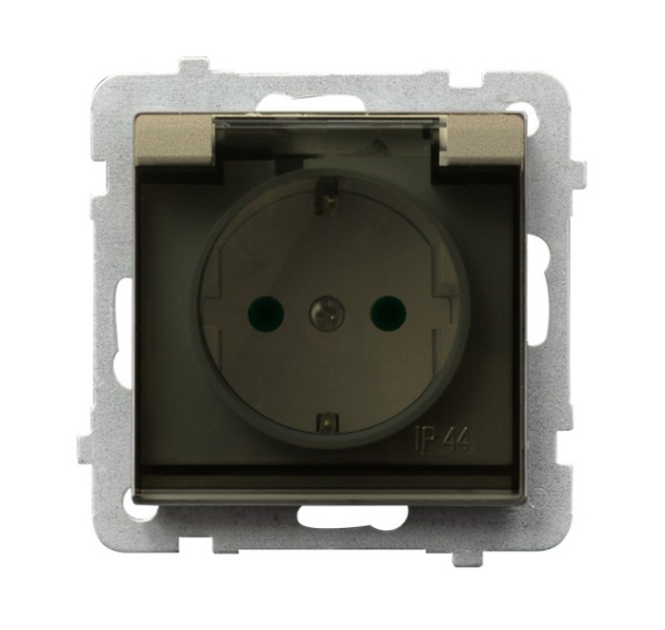 Ospel Sonata Шампанский золотой Розетка 1-ая с/з IP44 с крышкой  Schuko со шторками, без рамки GPH-1RSP/m/39/d