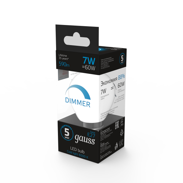 Купить Gauss Лампа Шар 7W 590lm 6500К E27 диммируемая LED 105102307-D