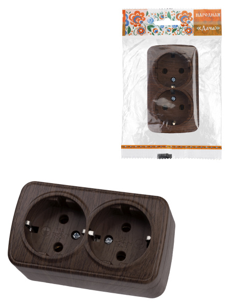 TDM Розетка двойная 2П+3 открытой установки IP20 16А, венге "Дача" Народная SQ1824-0030