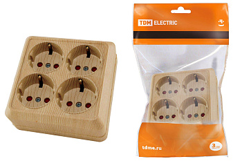 TDM Розетка четырехместная 2П+3 открытой установки IP20 16A с защитными шторками сосна "Ладога" SQ1801-0423