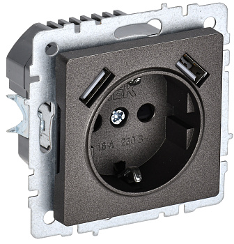 IEK BRITE BASE Темн.бронза  Розетка с з/к/ш 16А с USB A+A 2,1А РЮш10-1-БрТБ
