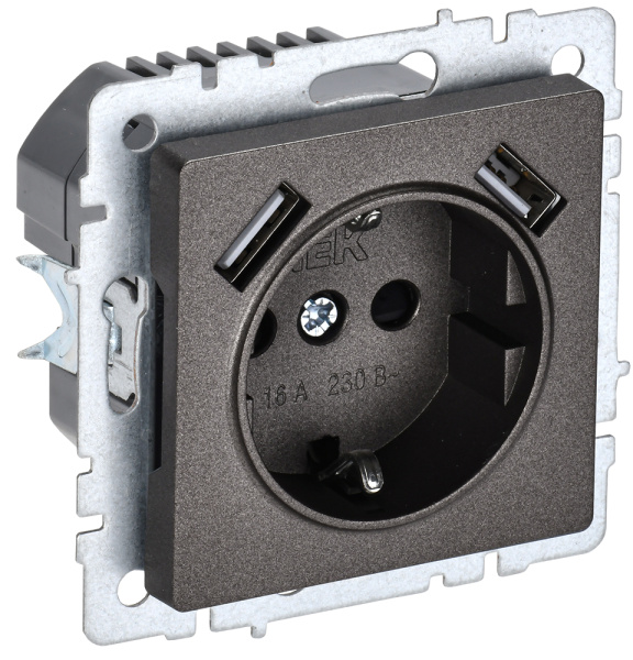 IEK BRITE BASE Темн.бронза  Розетка с з/к/ш 16А с USB A+A 2,1А РЮш10-1-БрТБ