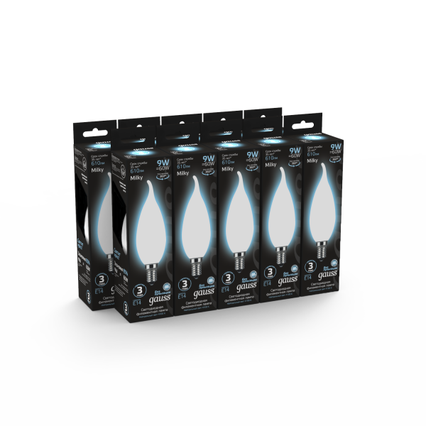 Купить Gauss Лампа Filament Свеча на ветру 9W 610lm 4100К Е14 milky LED 104201209