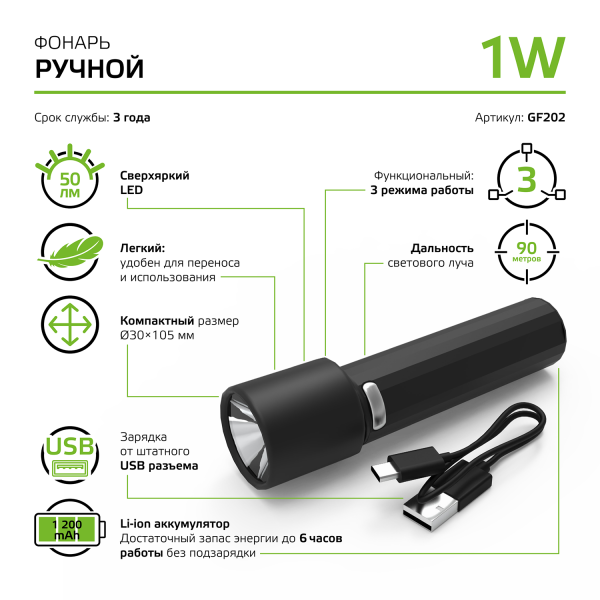 Купить Gauss Фонарь ручной модель GFL202 1W 50lm Li-ion 1200mAh LED 1/10/180 GF202