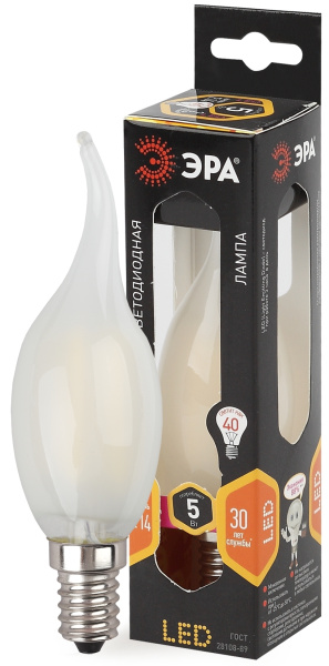 ЭРА F-LED BXS-5W-827-E14 frost (филамент, свеча на ветру мат., 5Вт, тепл, E14)