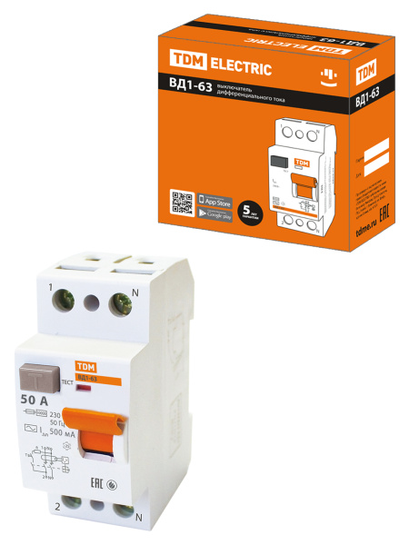 TDM УЗО ВД1-63 2Р 50А 500мА SQ0203-0094