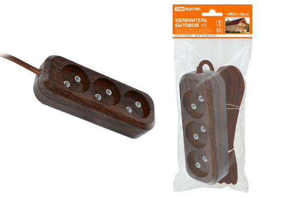 TDM Удлинитель бытовой У3 3 гнезда, 5метров,2П б/з, ПВС 2х0,75мм2 "Эко" (бук) 10А/250В SQ1303-3202