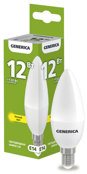 IEK GENERICA Лампа LED C35 свеча 12Вт 230В 3000К E14 LL-C35-12-230-30-E14-G