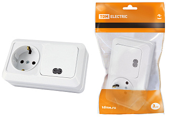 TDM Блок комбинированный выкл. 1-кл. с/п 10А + розетка 2П+З 16А 250В БКВР IP20 белый "Ладога" SQ1801-0103