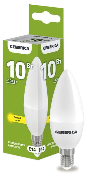 IEK GENERICA Лампа LED C35 свеча 10Вт 230В 3000К E14 LL-C35-10-230-30-E14-G