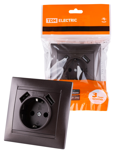 TDM Розетка 2П+З 16А 250В + 2 USB порта 2,1А 5В шоколад "Лама" SQ1815-0542