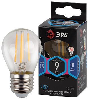 ЭРА F-LED P45-9w-840-E27 (филамент, шар, 9Вт, нейтр, E27)
