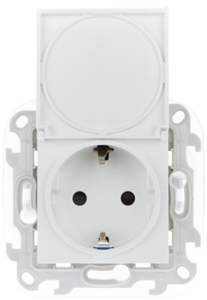 Simon 24 Белая Розетка 2К+3 IP44 с крышкой и защитными шторками Push&Go 2420448-030