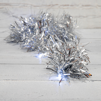 NEON-NIGHT Гирлянда светодиодная «Мишура» серебряная 10 LED 1,5 м, прозрачный ПВХ, белый свет свечения, 2 х АА (батарейки не в комплекте) 304-011