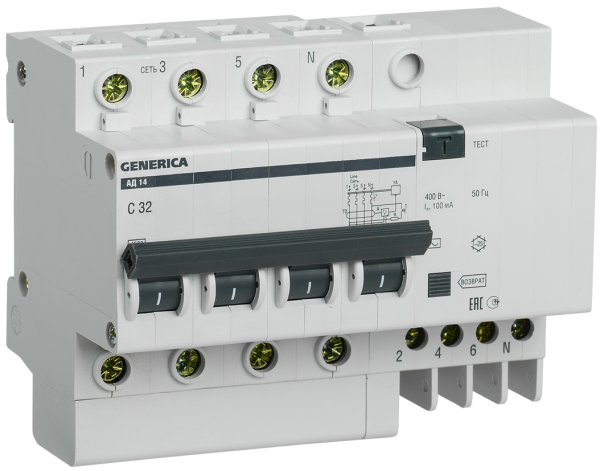 Купить IEK GENERICA Автоматический выключатель дифференциального тока АД14 4Р 32А 100мА MAD15-4-032-C-100